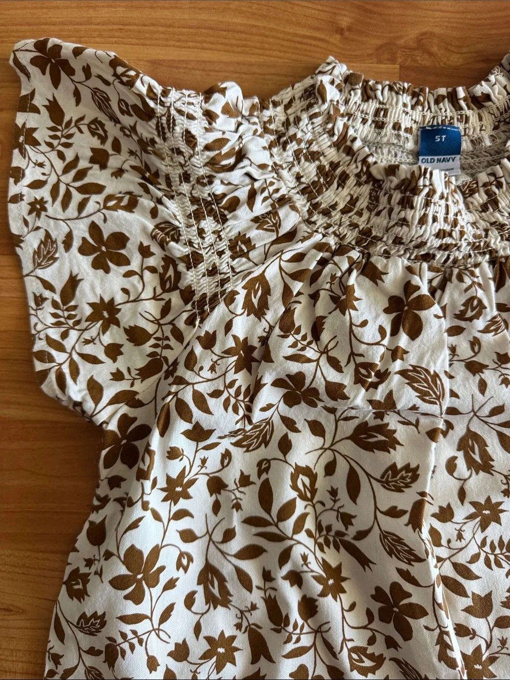 Old Navy White Top with Brown Floral Smocking